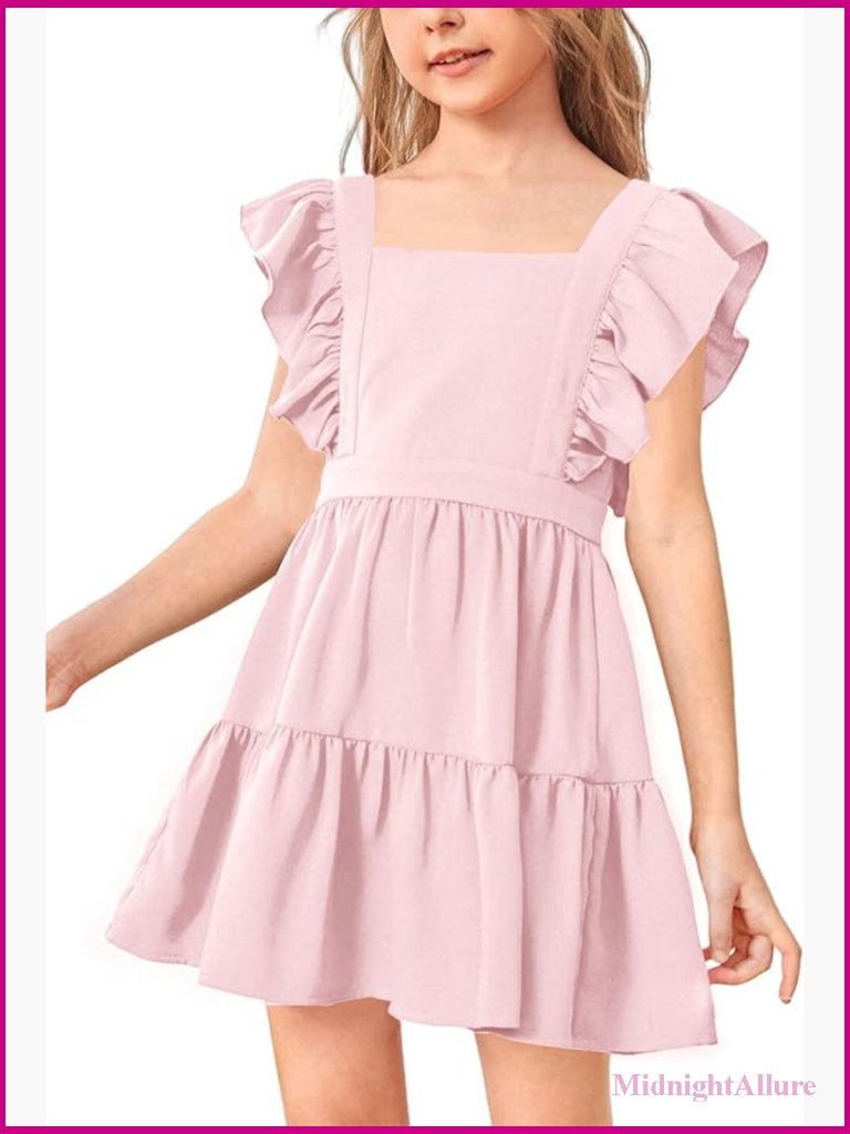 Square Neck Ruffle Sleeve A-Line Swing Mini Dress 5-14y